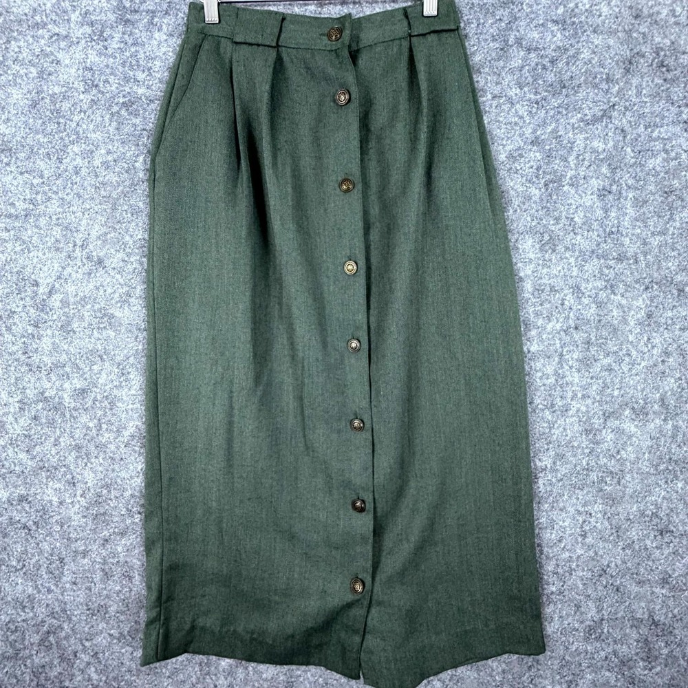 Vintage Karen Scott Office Skirt Womens 12 Green Herringbone Button Front Career